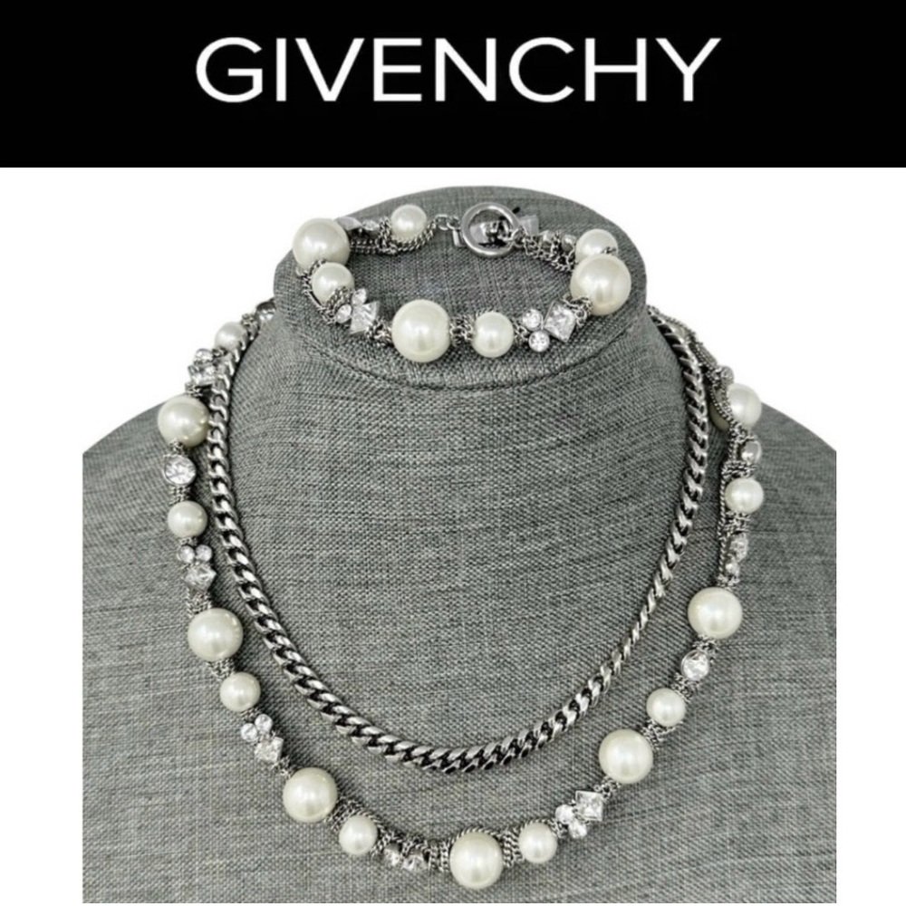 GIVENCHY Double Strand Faux Pearl & Rhinestone Chain Necklace/Bracelet Set, NWT